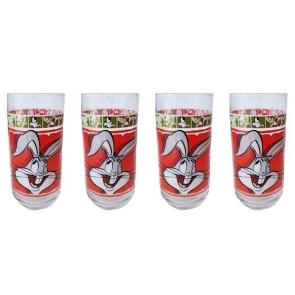 Vintage 1999 Warner Bros Bugs Bunny Drinking Glasses Set of 4 Looney‎ Tunes Red